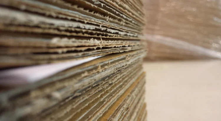 A close-up of flattened cardboard boxes stacked in a pile